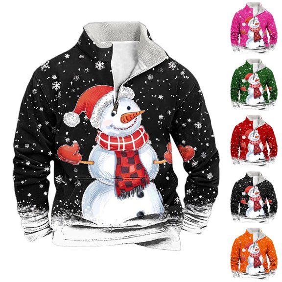 KeShDi Thanksgiving Sweatshirt Men's Winter Wtand Up Collar Zipper Christmas Print Pullover Long Sleeved Top Hooded Sweatshirt RedXL