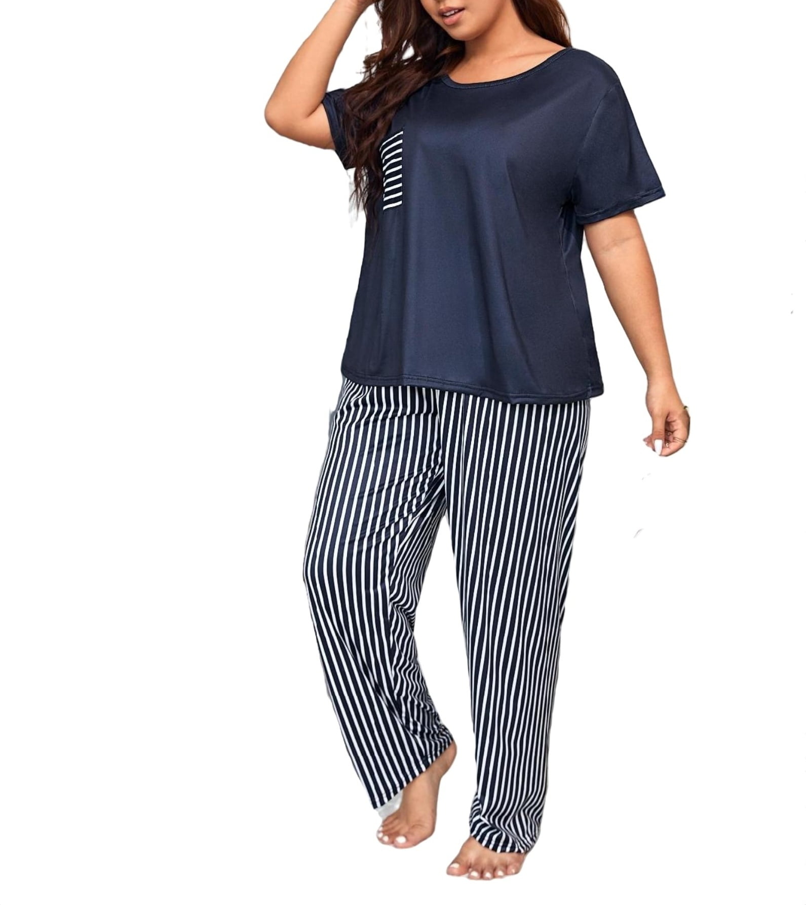 Casual-Casual Striped Scoop Neck Tee Pant Sets Short Sleeve Blue and ...