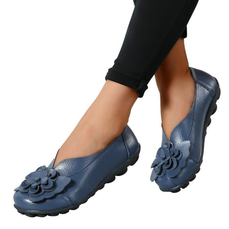 Oyedens Womens Slip on Loafers Comfortable Walking Shoes Bohemia Flower Casual Leather Ballet Flats