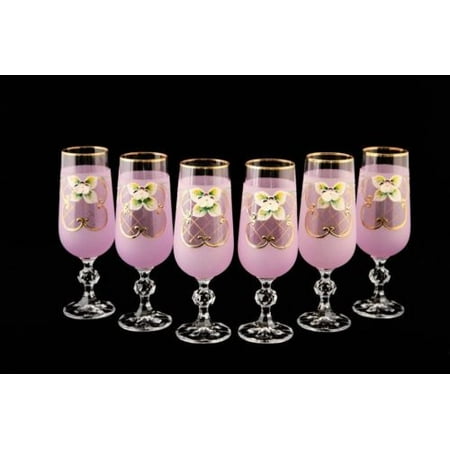 - Bohemian Crystal Colored Glasses, 6-pc Vintage PINK Champagne Stem Flutes