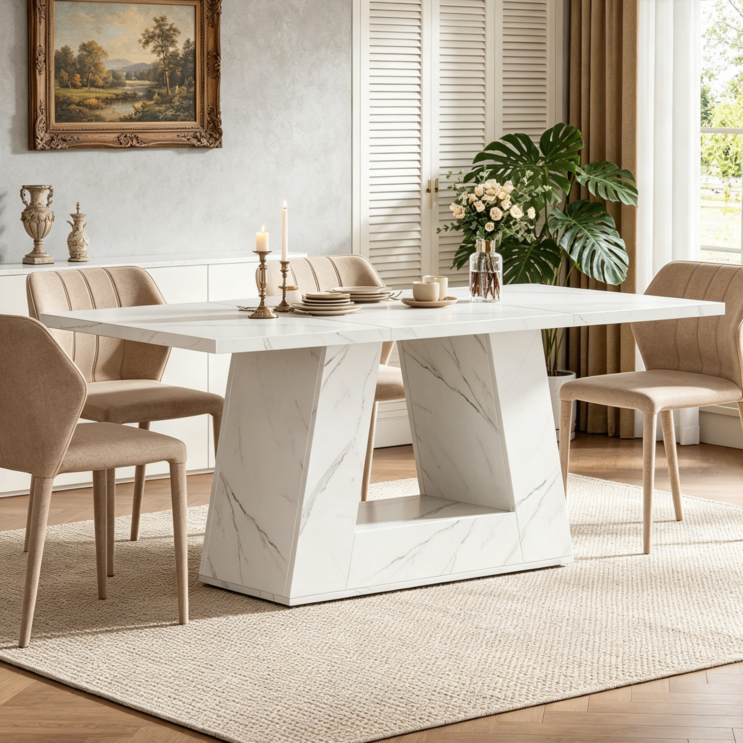 Fnova 63" Modern Long Dining Table for 6 people, Rectangular Geometric Artificial Marble Kitchen Table for Dining Room, White