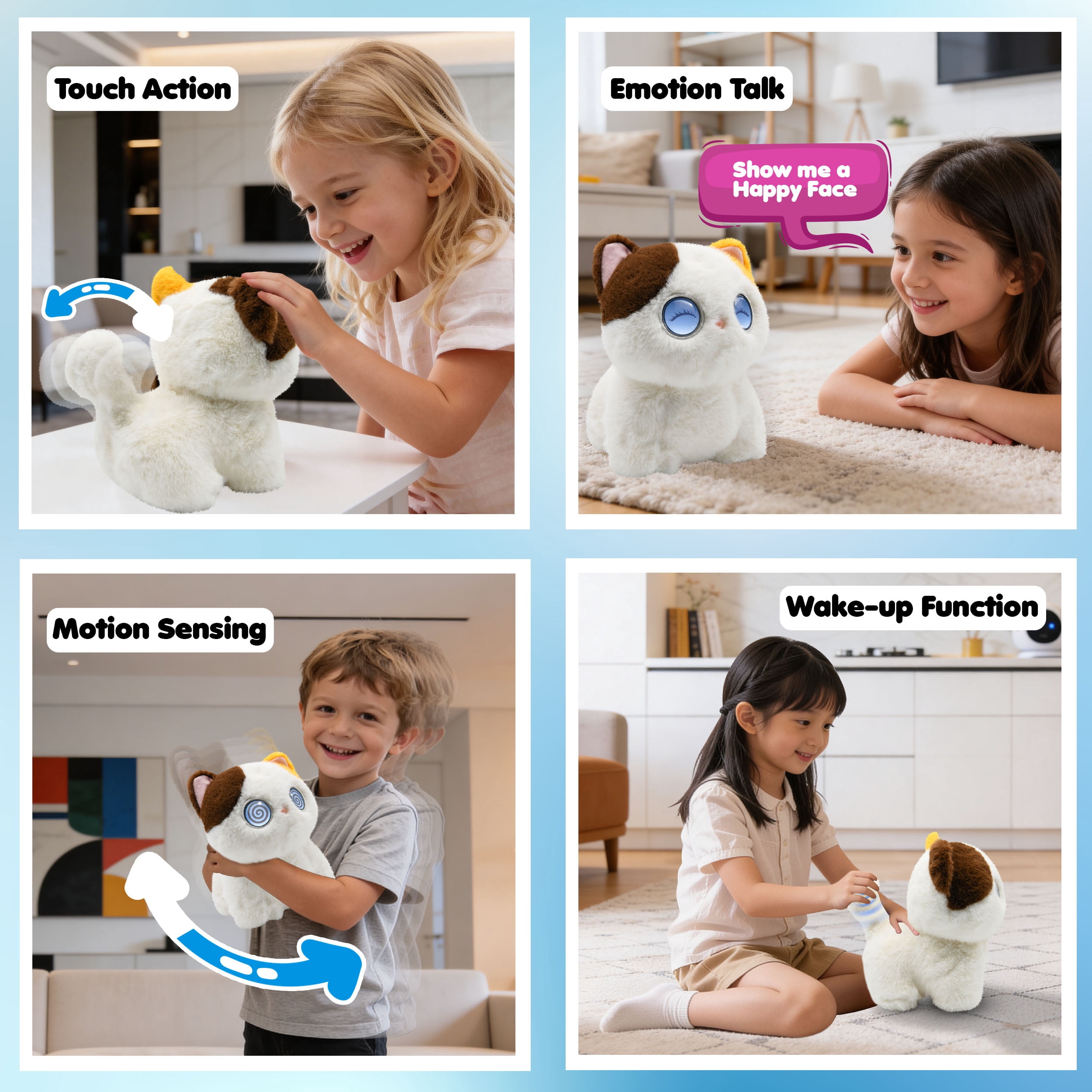 AI Pixie Paw Smart Interactive Plush Cat Voice Responsive Touch Activated Expressive Eyes AI Companion Stuffed Animal for Kids and Pet Lovers, White