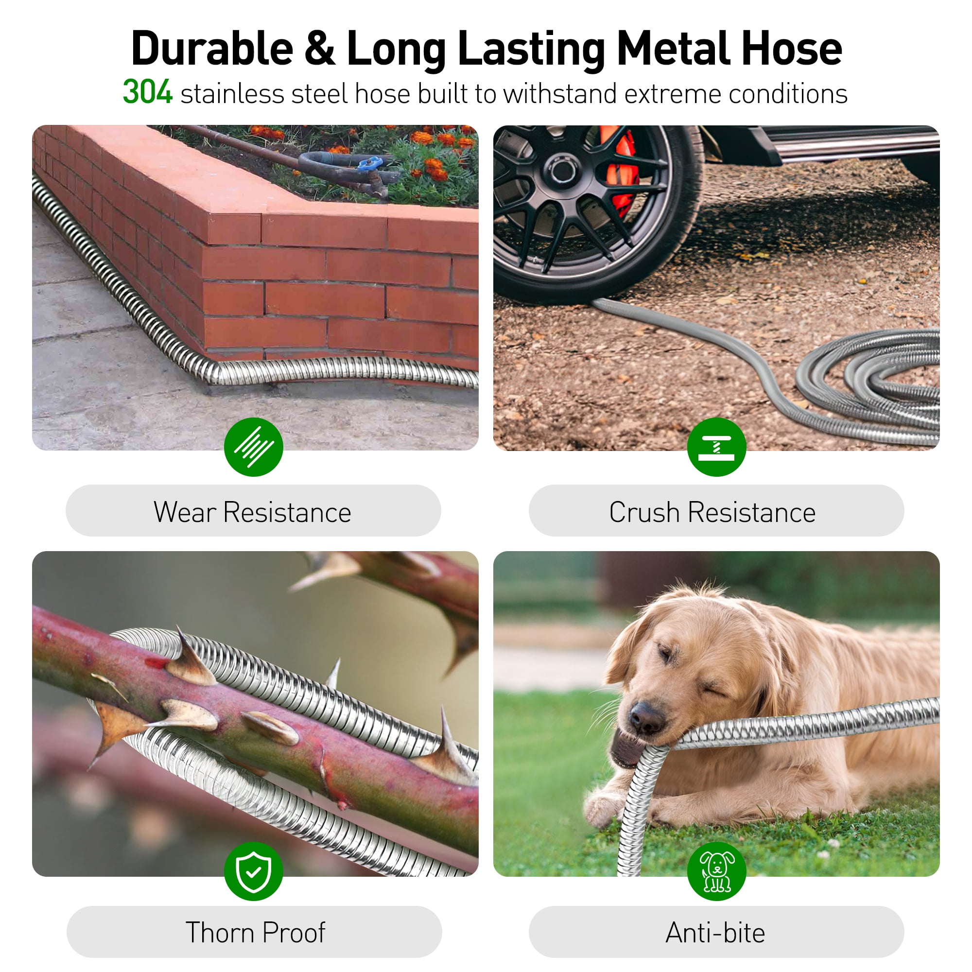 50ft Garden Hose, Metal Stainless Steel Water Hose w/ 10 Functional Nozzles & 3/4 inch Brass Fittings, Flexible, Kink&Tangle Free, Puncture Resistant, Heavy Duty Water Pipe for Yard&Outdoor(Sliver)