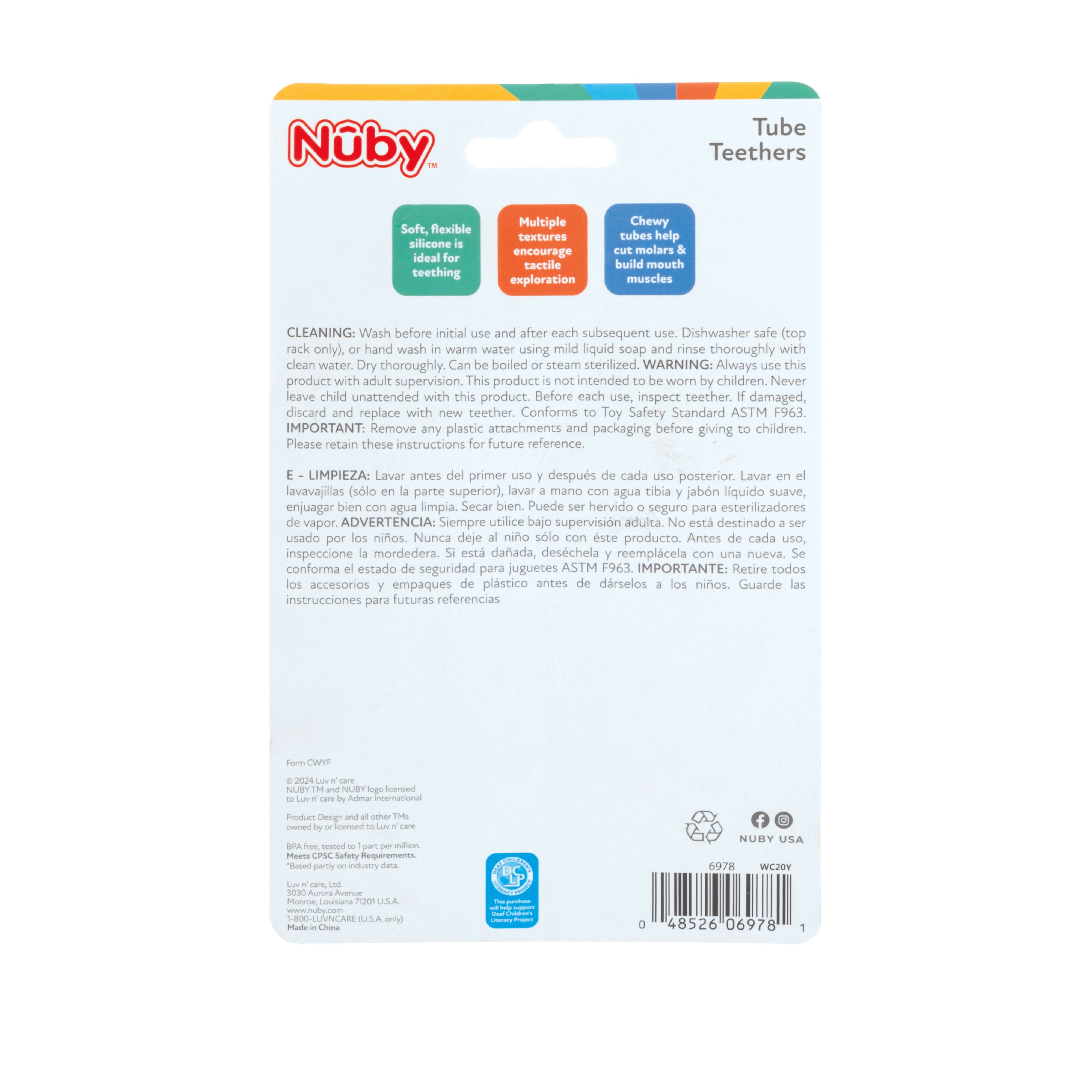 Nuby Sensory Silicone Baby Tube Teethers, 2 pack