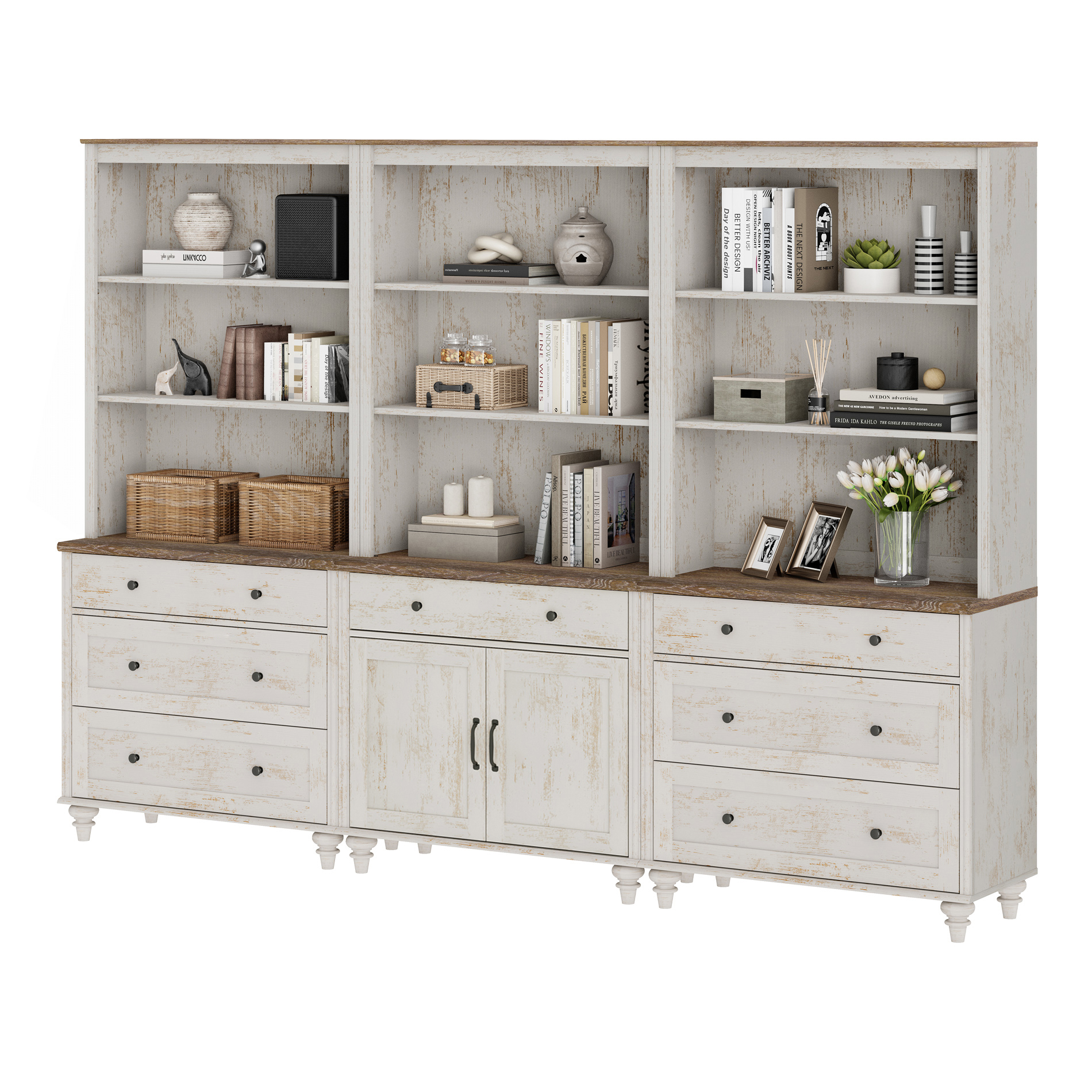 Farmhouse 5 Tier Bookcase With 7 Drawers and 2 Doors, Rustic White, 101.6" W