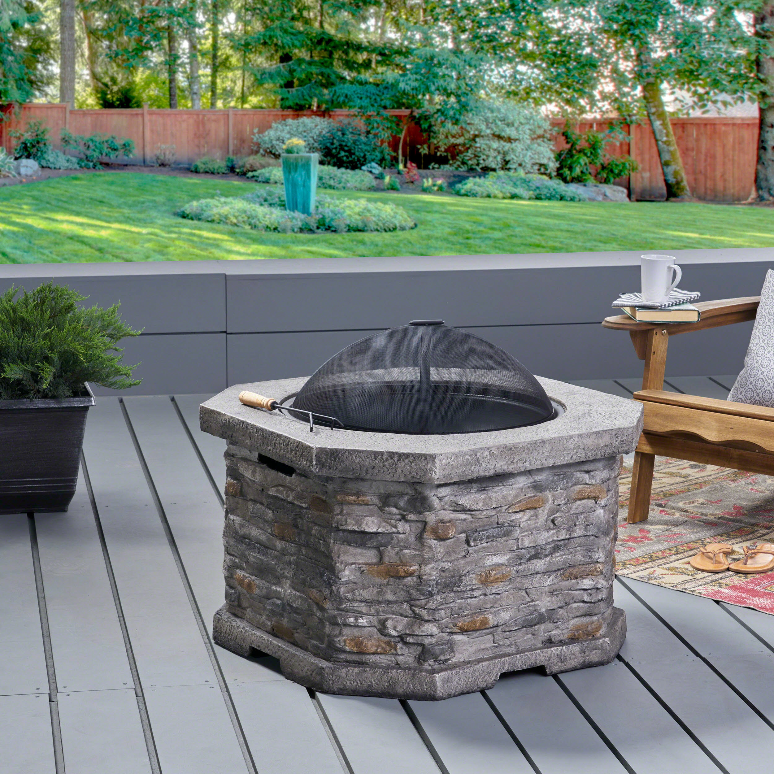 Outdoor 32" Wood Burning Light-Weight Concrete Octagon Fire Pit, Grey ...
