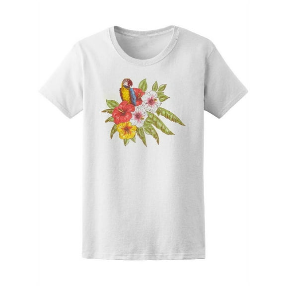 Cute Tru Macaw Tropical Hibiscus T-Shirt Women -Image by Shutterstock, Female Medium