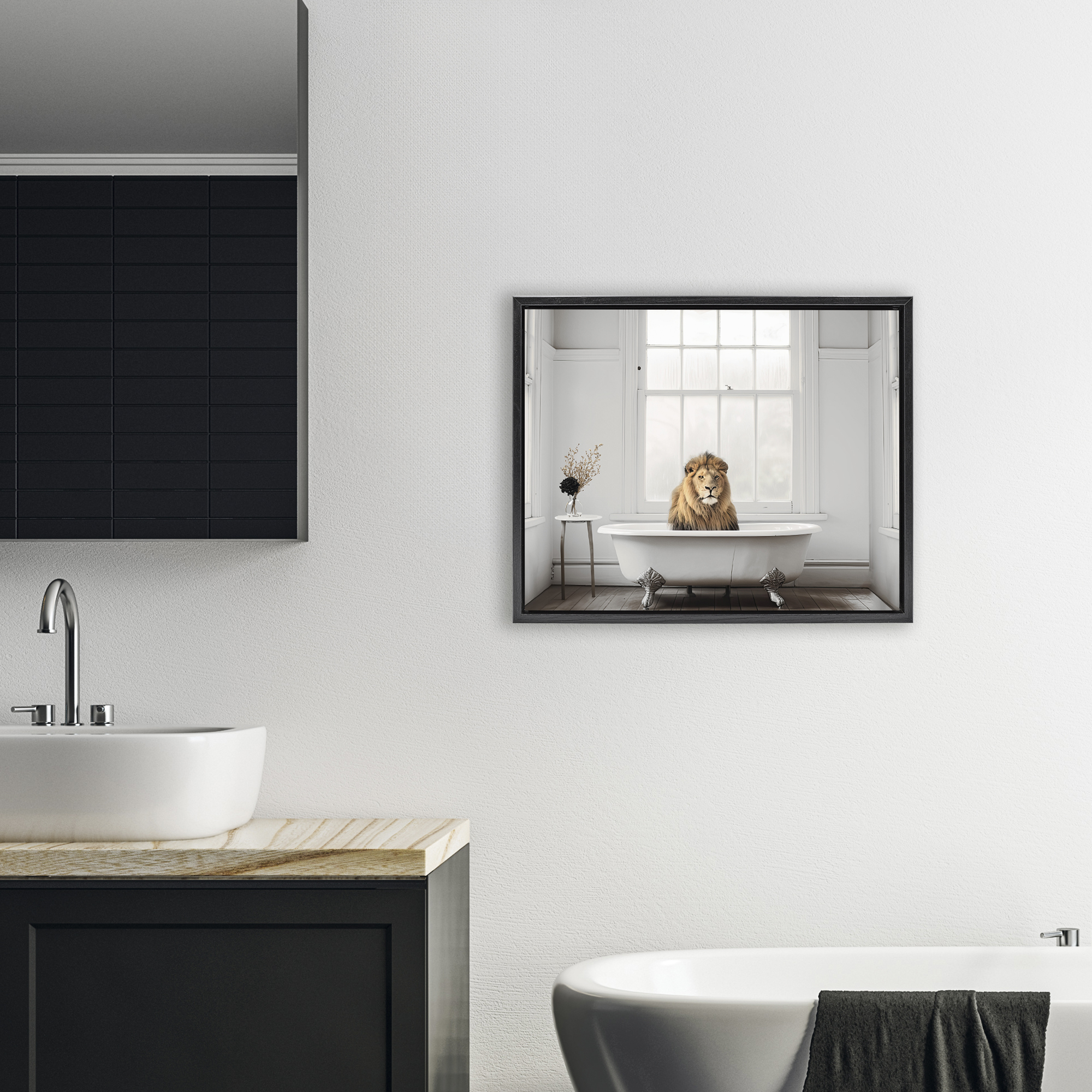 Minimalist Lion Bathtime Black Framed Floater Canvas Wall Art, design by Sasha
