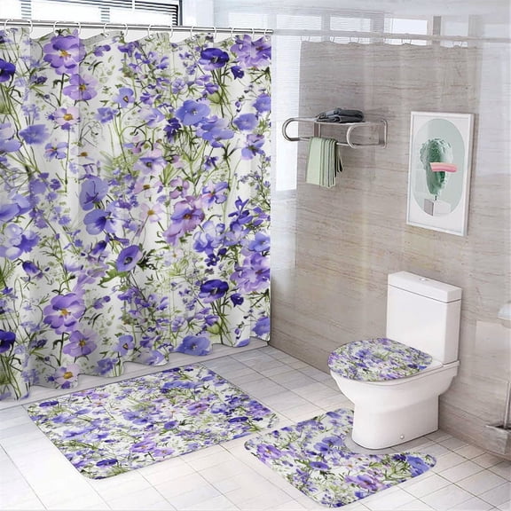 Floral Colorful Flower 4PCS Shower Curtain Sets with Rugs with Non-Slip Bath Mat Toilet Rug，72" X 72"