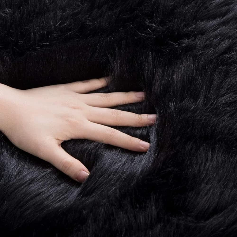 ORINOVA Black Washable Fluffy Area Rugs For Bedroom Shaggy Faux Sheepskin Fuzzy Fur Carpet For Living Room Hallway Nursery Rugs Runner 2x6