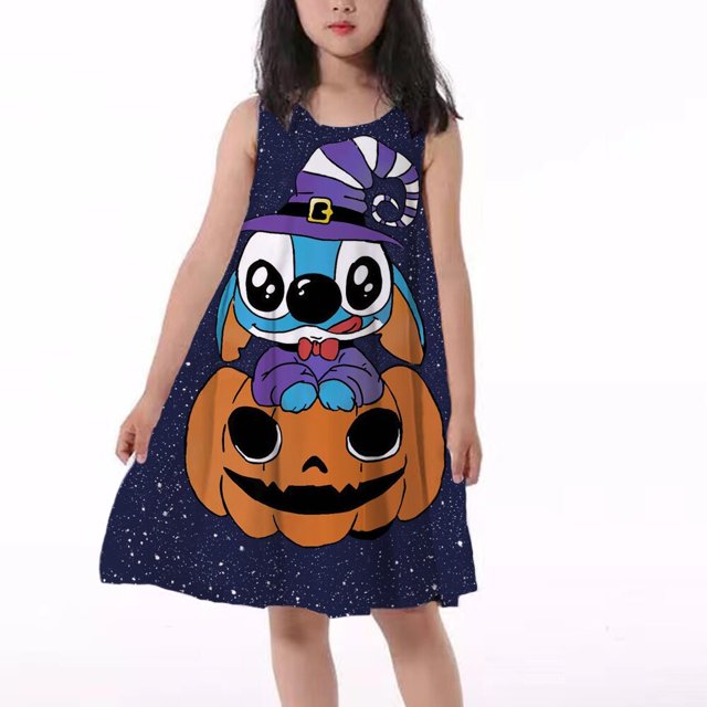 Vestido sin mangas de la serie de Halloween para niños con estampado cosido de Disney, vestido Kawai informal con patrón de calabaza para niña, minivestido hasta la rodilla 130 Gao Jinjia LED
