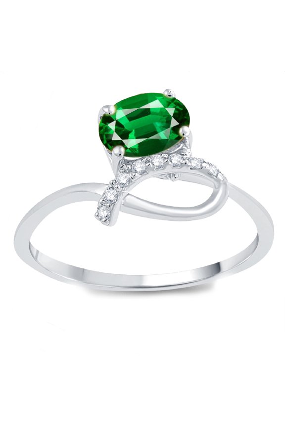Sterling Silver 1.14ct Oval-Cut Emerald Lab Created and White Zircon Ring