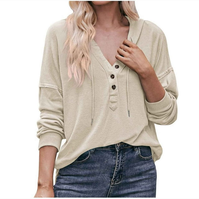 Pompotops Mode Femme Chandail à Capuchon à Manches Longues avec Boutons et Col en V en Solde