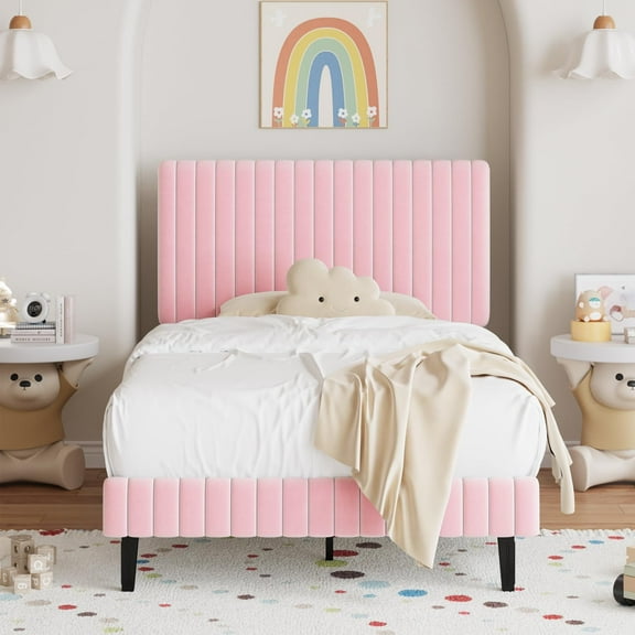 4 EVER WINNER Twin Size Bed Frame, Twin Size Upholstered Platform Bed Frame with Vertical Channel Tufted Headboard, Pink Twin Bed Frame, Pink
