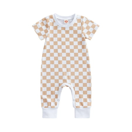 

Qtinghua Newborn Baby Boy Girl Long Romper Short Sleeve Checkerboard Plaid Print Jumpsuit Bodysuit Summer Clothes Yellow 0-3 Months