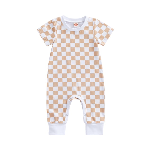 Faithtur Bébé Casual Manches Courtes Combinaison de Mode Damier Imprimé Col Rond Long Romper