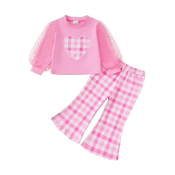 Kucnuzki 3T Toddler Girls Outfit Set 4T Kid Child Clothes Set Mesh Long Sleeves Hearts Print Pullovert Top Plaid Flared Pants Sets 2pcs Clothing Pink