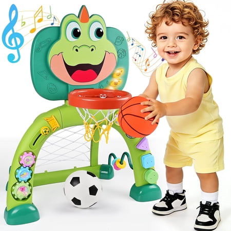 QIAHO Toddler Basketball Hoop & Soccer Goal 2 in 1 Dinosaur Activity Center Toys with Sound Music Indoor & Outdoor Sport Toys Birthday Gifts for Baby Boys Girls