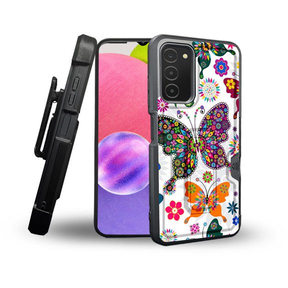 ANJ  Rugged Shockproof Holster Case Card Slot Kickstand   Tempered Glass Cover for Samsung Galaxy A03s - Tribal Butterfly