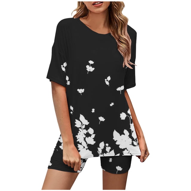 Mikilon Ensemble Élégant pour Femmes 2 Pcs Mode Col Rond Blouse Manches Courtes Hauts Shorts Ensemble Décontracté Noir-A TG