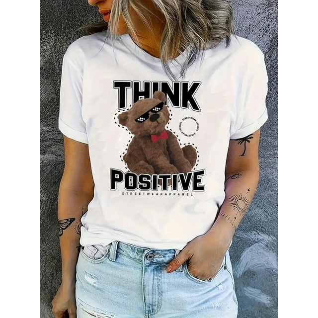 Camiseta para mujer veranoChic Bear Graphic Tee for Women - Casual Crew Neck Short Sleeve, Stretchy Polyester Blend, Machine Washable - Perfect Summer TopFather's Day, Mother's Day, New Year, Spring