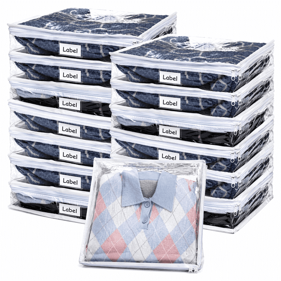 12 Pack Clear PVC Storage Bags with Zipper, Large Clothes Organizer with Label Pocket, Foldable Blanket and Sweater Storage Containers for Closet Wardrobe and Home Organization(16 x 14 x 4 Inches)