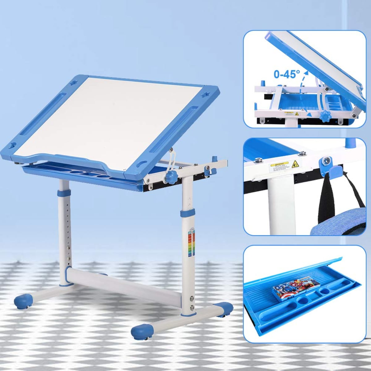 Kids Desk and Chair Set Height Adjustable Ergonomic Children Sturdy Table with Drawer Storage Childs Study School Desk Interactive Workstation Kids Art Writing Desk Furniture for Girls Boys  (Blue)