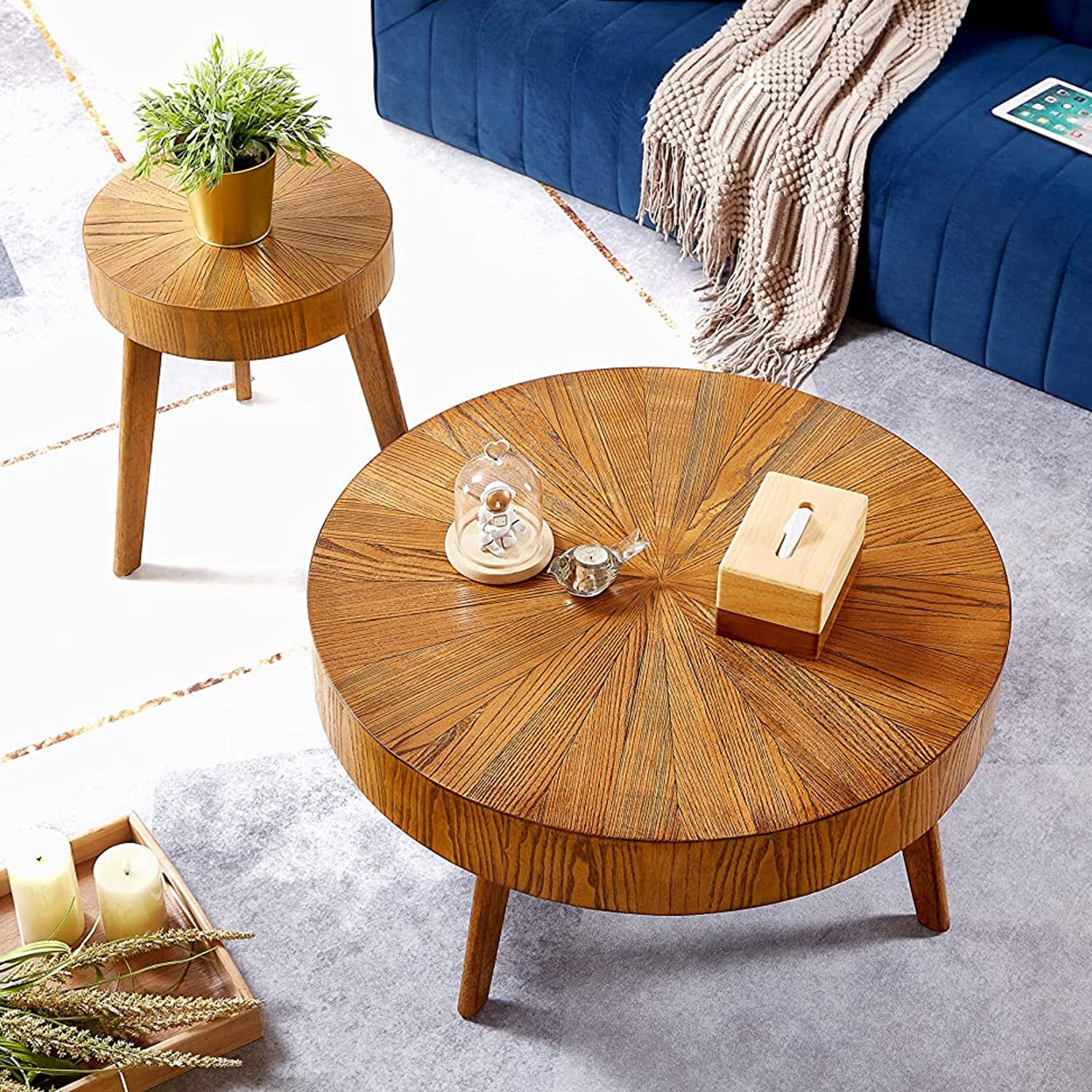 Gexpusm Round Wood Coffee Table for Living Room, Mid Century Modern Farmhouse Round Coffee Table with Solid Wood Legs, Dark Brown