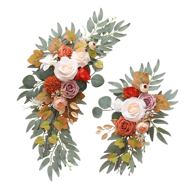 2x Arco de boda con flores, letrero de bienvenida, decoración, arreglo floral, guirnalda de fondo, guirnalda de flores artificiales para aniversario Naranja