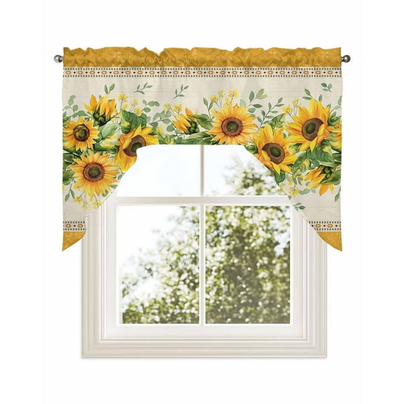 Sunflower Yellow Kitchen Curtains Swag Valance for Windows/Bathroom/Cafe, Retro Southwest Country Plant Leaf Floral Rod Pocket Drape Panel Swag Curtains Valance for Bedroom/Living Room 56"x36"