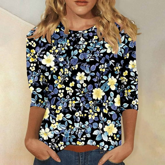 Jsaierl Tops for Women 3/4 Sleeve Casual Crew Neck Shirts Boho Graphic Petite Blouses Workout Vacation Tunic Top S-5XL