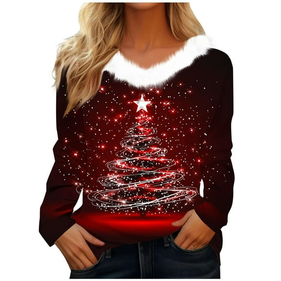 Fiaer Shine Crhistmas Tree Tshirts for Women V Neck Fall Winter Long Sleeve Xmas T Shirts Loose Fit Trendy Holiday Tops Red XL