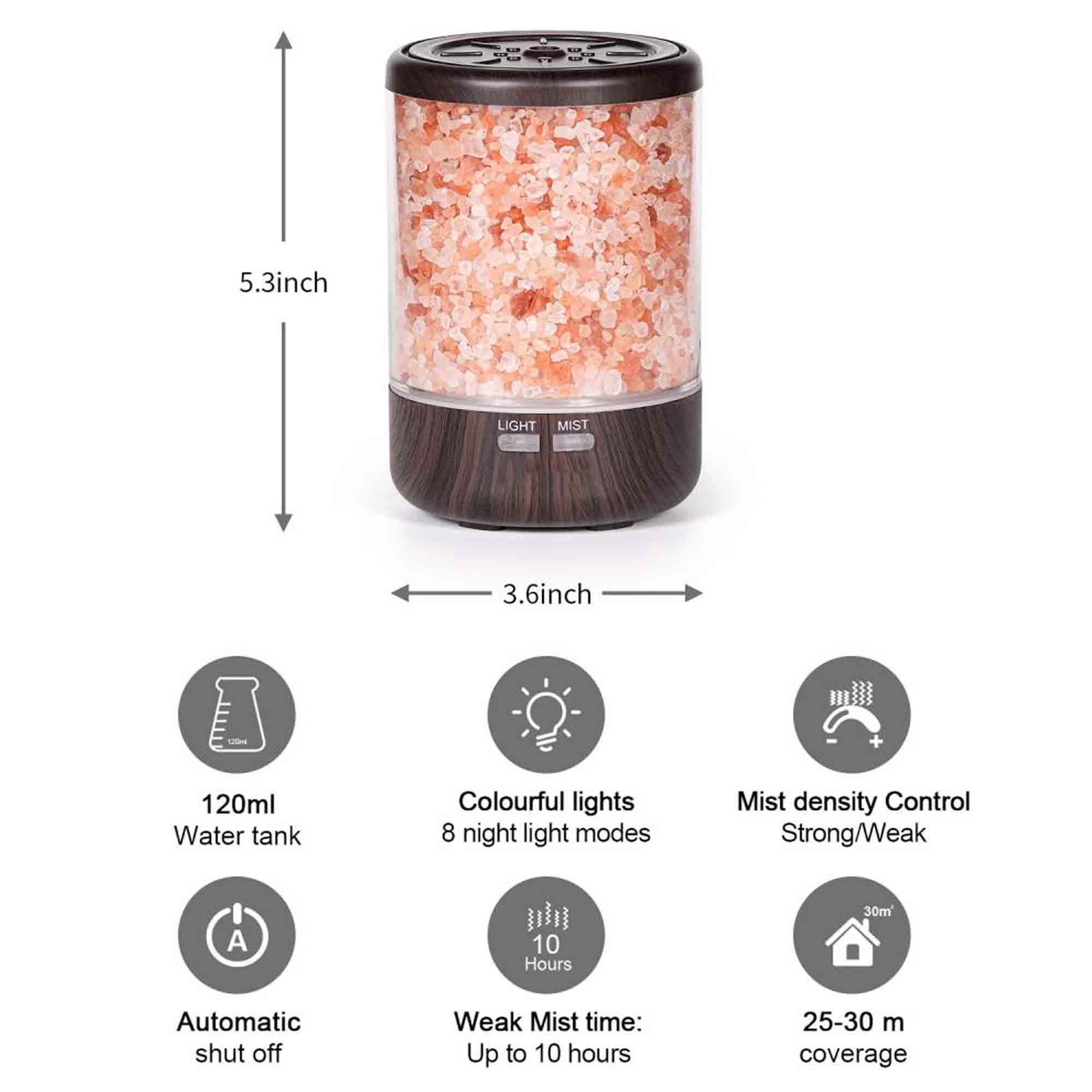 Essential Oil Aromatherapy Home Diffuser with Himalayan Pink Salt Crystal, 7 Color Lights, 2 Mist Humidifier Modes, Nightlight for Home, Office, Bedroom, Spa, Yoga 120ml