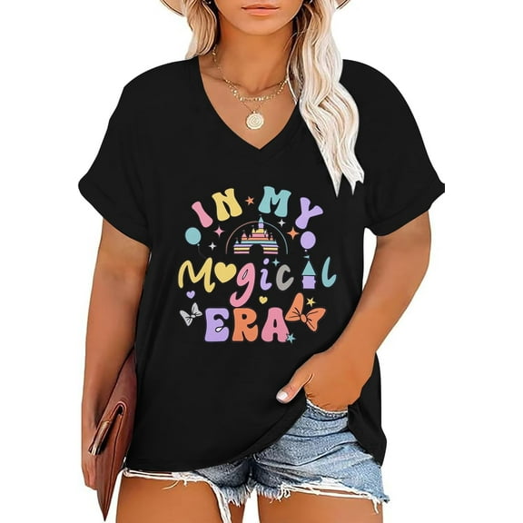 KimSoong Plus Size Magic Kingdom Shirts for Women Castle Graphic T-Shirt Cute Holiday Shirt Princess Tee Funny Vacation Tops