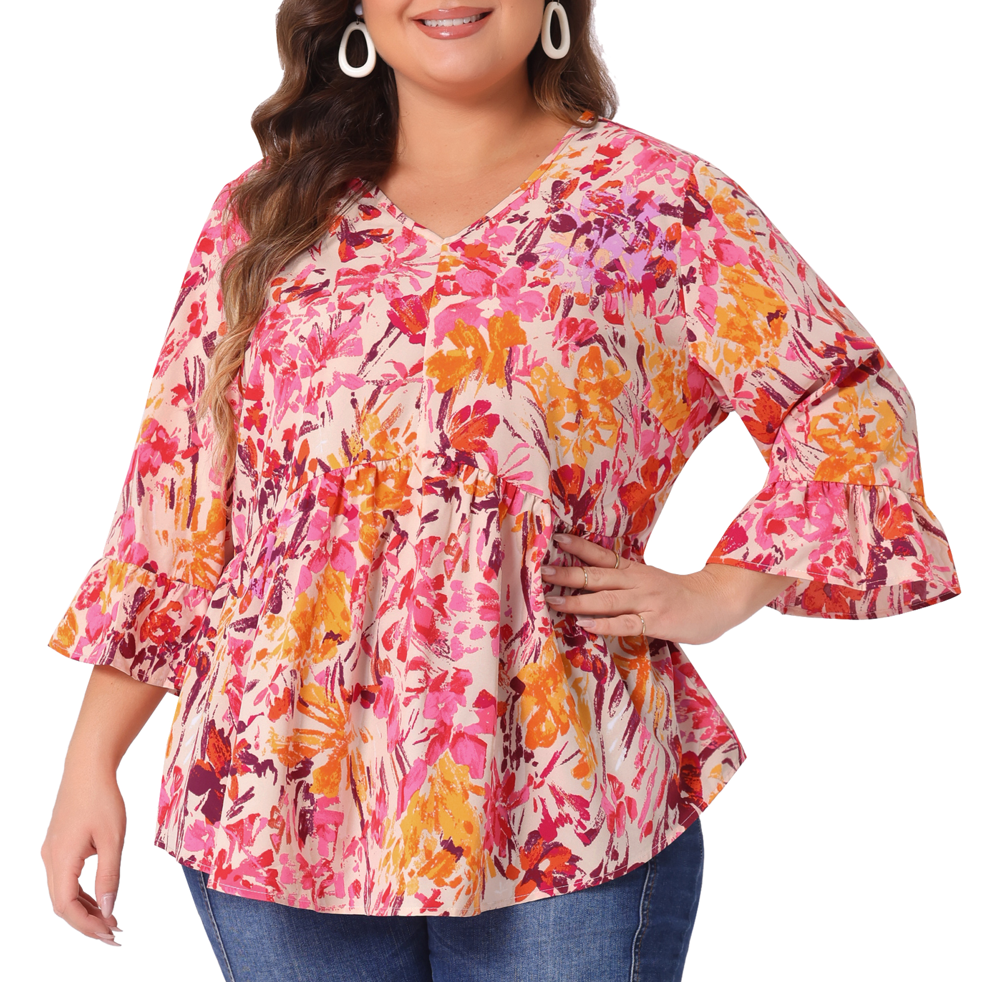 Women's Plus Floral Blouses V Neck Ruffle 3/4 Sleeve Babydoll Peplum Tops 2X Orange Pink