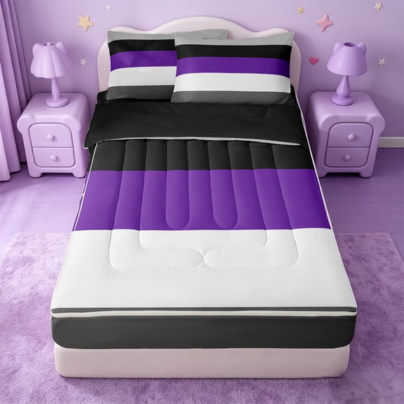 Erosebridal Solid Strip Zipper Twin Comforter Sets with Fitted Sheet and 2 Pillowcases,Purple Lines Print Zipper Bedding Set For Girls,Black Reversible,4 Pieces
