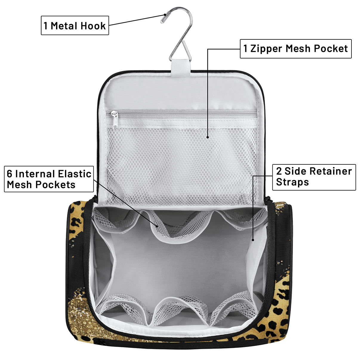 Herdesigns Leopard Cheetah Toiletry Bag for Women, Travel Makeup Bag, Waterproof Hanging Cosmetic Organizer for Toiletries & Makeup Essentials