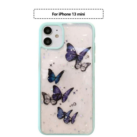 Butterfly Bling Clear Case Compatible with iPhone 13 mini, Glitter Case for Women Cute Slim Soft Slip Resistant Protective Phone Cover, Green