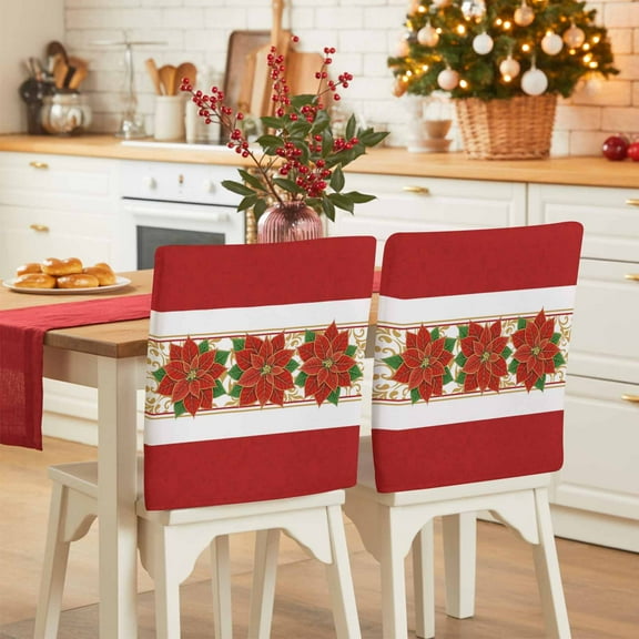 Red Poinsettia Chair Covers Set of 1 Christmas Winter Red Flowers Chair Back Covers Stretch Removable Washable Slipcovers Protector for Dining Room Kitchen Party Decor