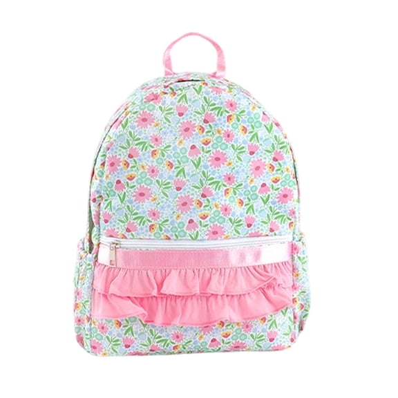 Ruffle Rose Rib Lattice Backpack Heavy Duty Cute Bookbag 14 Inch Pink Green Floral Daypack for Women