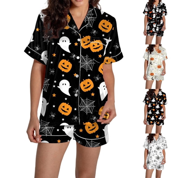 siminsem Satin Pajamas Set for Women Cute Graphic Printed Button Front Short Sleeve Sleep Shirt and Matching Soft Shorts Loungewear Two Piece Pj Sets for Home, Orange,L