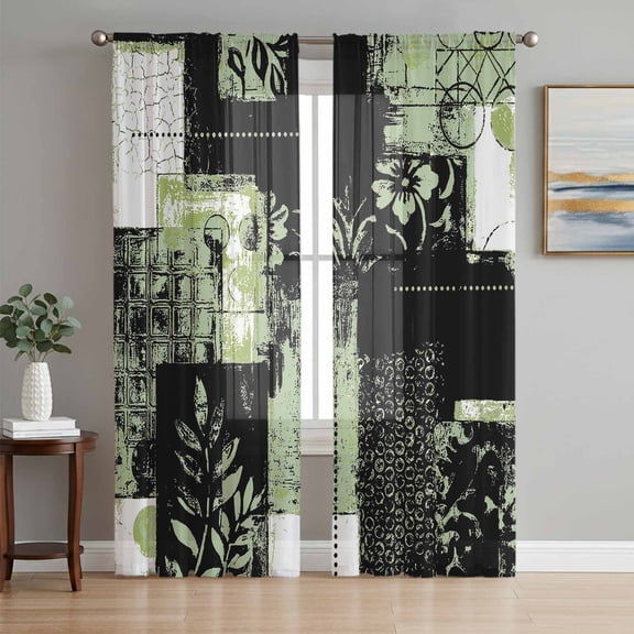 Sage Green Black Sheer Curtains 84 Inch Length 2 Panels Set, Modern Abstract Art Botanical Voile Window Treatment Rod Pocket Curtains Sheers Drapes for Bedroom/Living Room/Kitchen 52"x84"x2