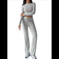 thumbnail image 1 of Conjuntos de 2 Piezas para Mujer, Larga, Cuello Redondo, Pantalones Acampanados de Cintura Alta, Conjuntos de Chándal, Ropa de Calle. Gris M, 1 of 10