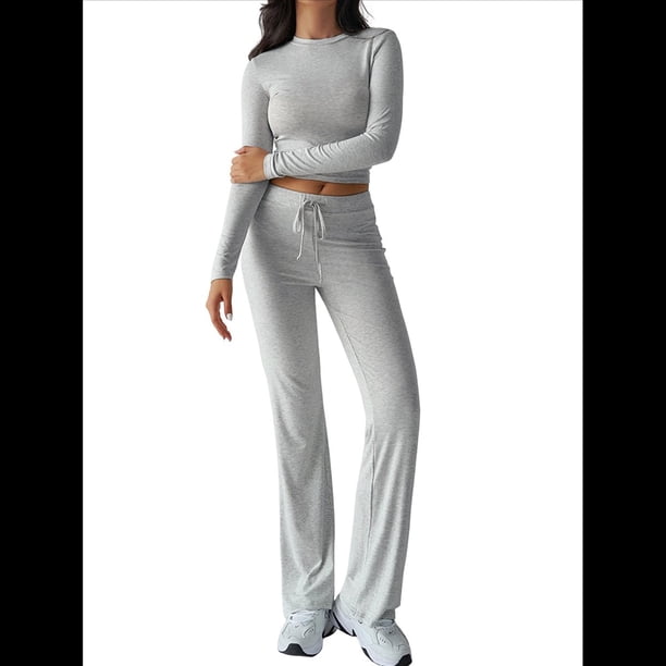 Conjuntos de 2 Piezas para Mujer, Larga, Cuello Redondo, Pantalones Acampanados de Cintura Alta, Conjuntos de Chándal, Ropa de Calle. Gris M