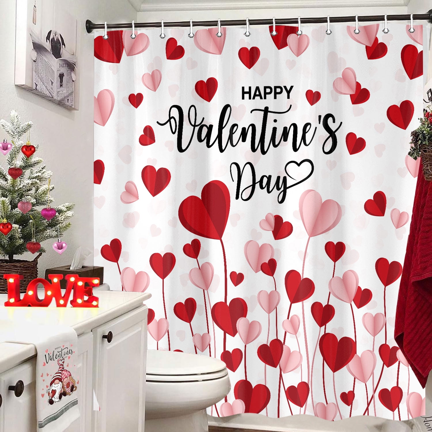Valentines Shower Curtain, Cute Red Pink Love Heart Romantic Valentine Day Shower Curtain Set for Bathroom, Valentines Day Fabric Shower Curtains Bathtub Decor with Hooks 69X70IN