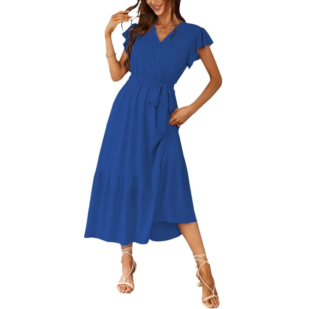 Vestido PRETTYGARDEN Maxi Bohemio Azul Oscuro Grande con Escote Cruzado en V y Cinturón
