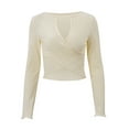 thumbnail image 3 of Women Knit Crop Tops Solid Color Ribbed Front Cross Low Cut Long Sleeve Sweaters Streetwear, 3 of 7