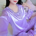 thumbnail image 4 of Skymirror 2 Pcs/Set Women Pajamas Set Silky Long Sleeves V Neck Solid Color Loose Sleeping Lace Plus Size Women Nightie Set for Bedroom, 4 of 8