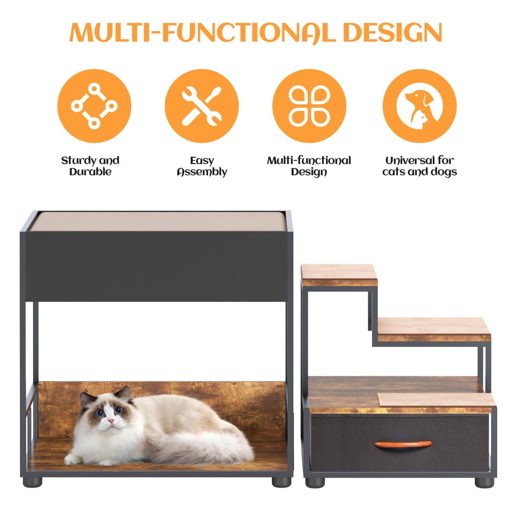 Tcbosik Pet Step Window Perch with Cat Scratch, Dog and Cat Perch with Storage Drawer and Doodle Board, Multi-Functional Modern Furniture with Metal Frame for Bedroom Living Room, Black