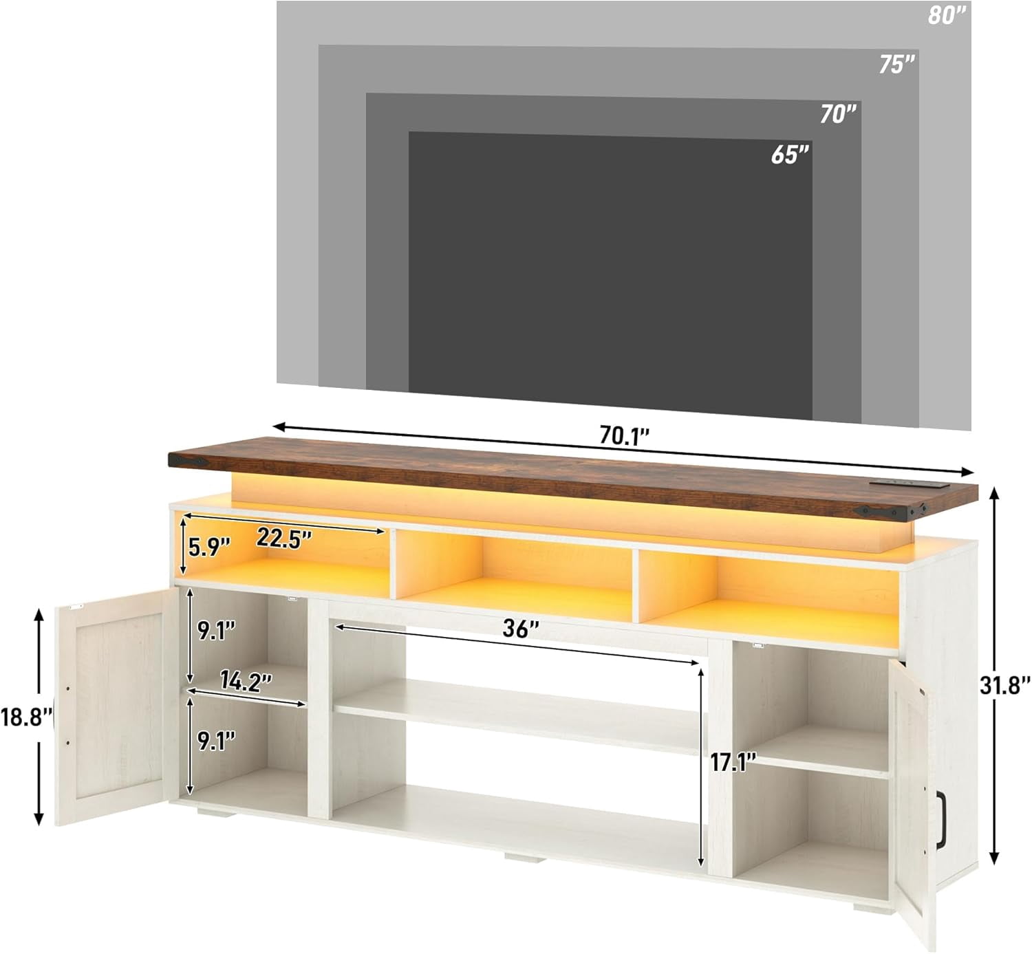 ChVans 70.8" Farmhouse TV Stand for TVs up to 85" with LED Lights, 32" Tall Entertainment Center with Power Outlet & Sliding Barn Door, Farmhouse Media Console for Living Room, White-brown